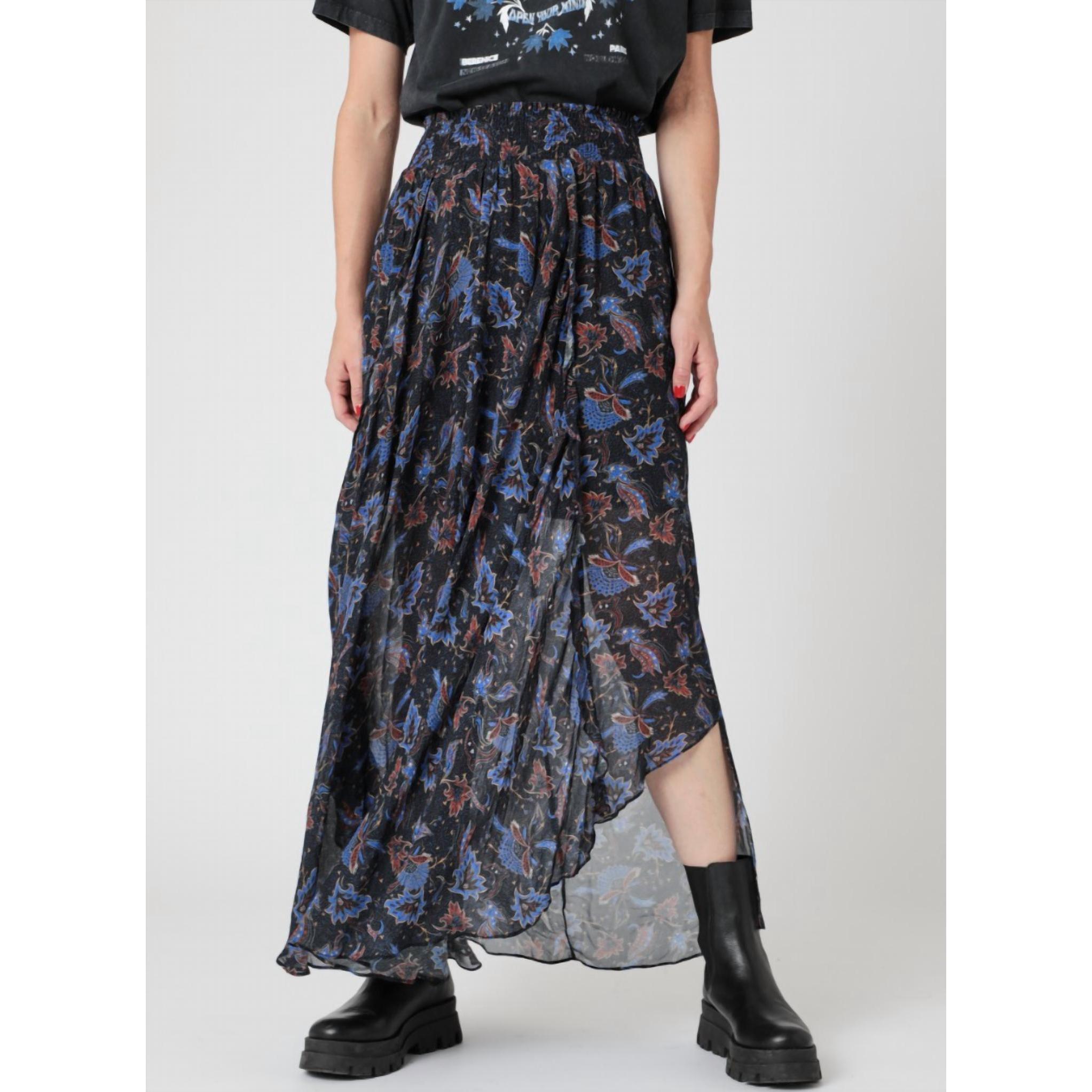 New Berenice Smocked Cut Long Skirt In Black/Blue Floral